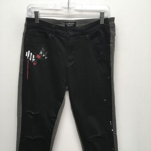 Maniere De Voir Mens Black Gray 2 Pc Set Denim Jacket M Graffiti Skinny Jeans 34 - Picture 7 of 16